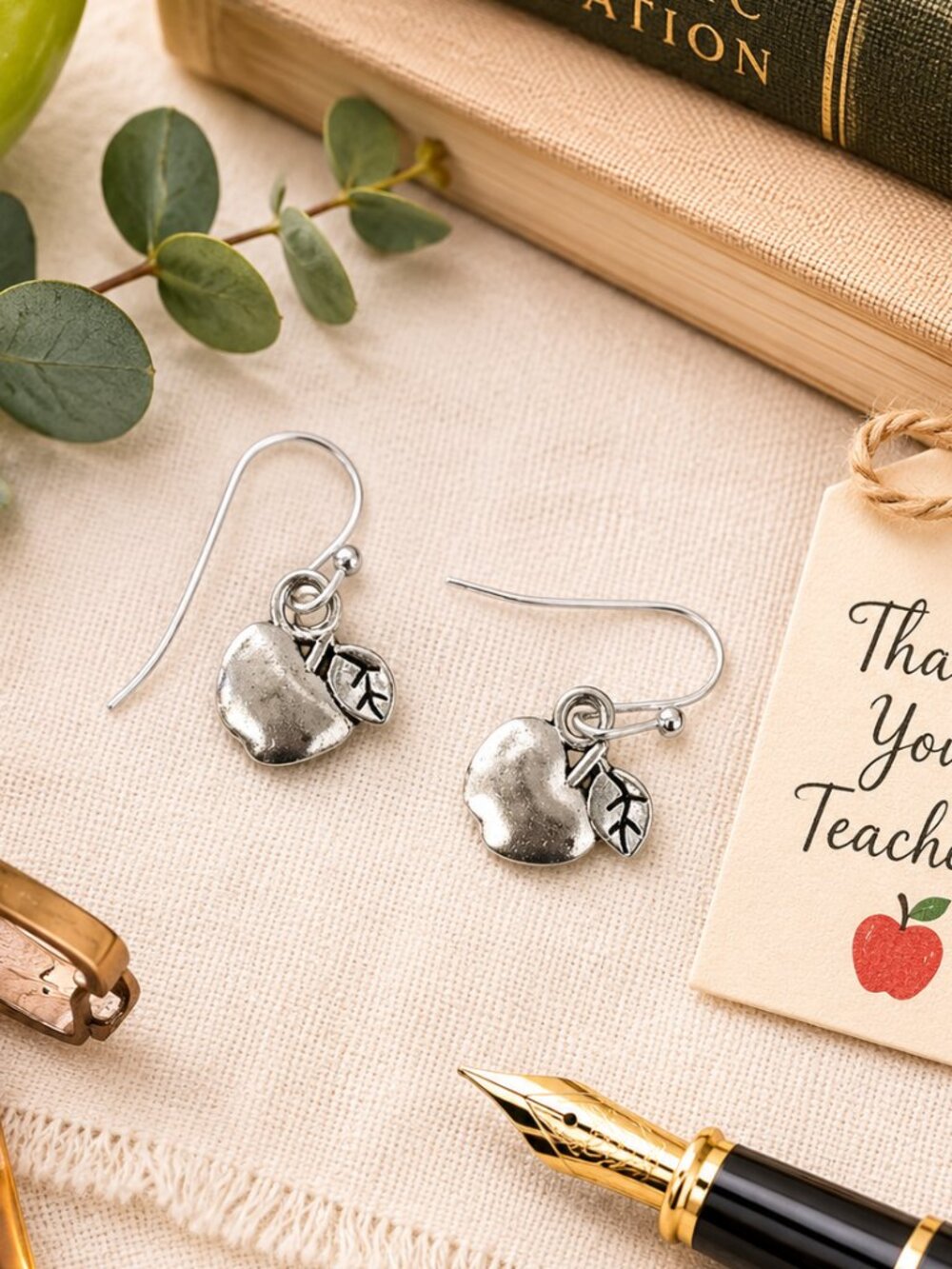 Silver Apple Charm Dangle Earrings Teacher Gift Back to School Jewelry - Picture 1 of 5
